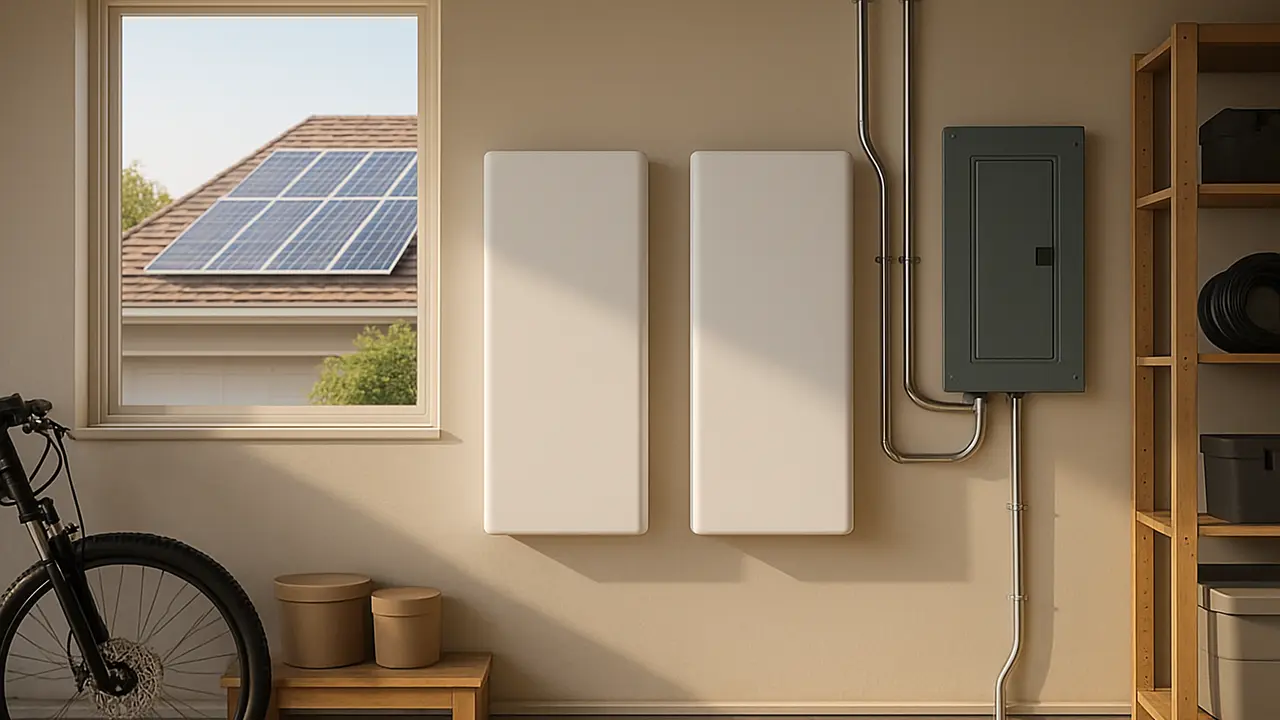 Two wall-mounted home batteries beside an electrical panel in a clean garage, with solar panels visible on the roof through a window