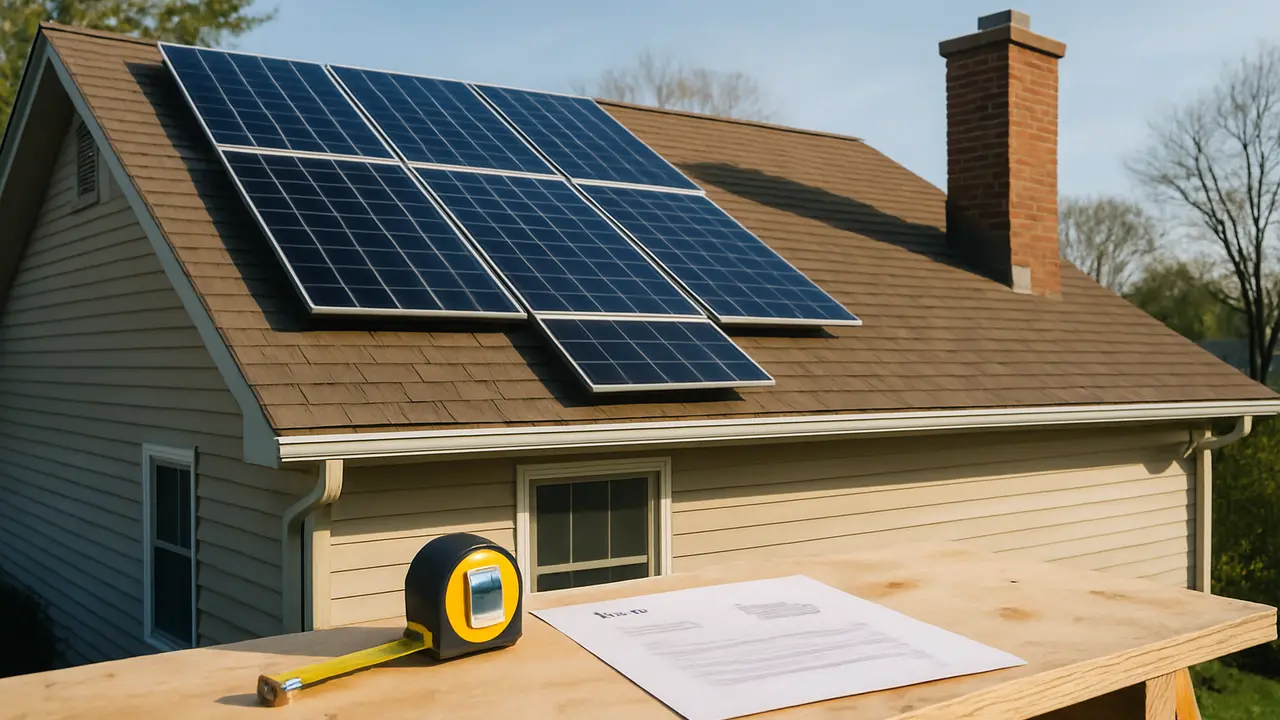 Solar panels being mounted on a suburban roof on a clear morning, with a tape measure and printed quote on a workbench in the foreground
