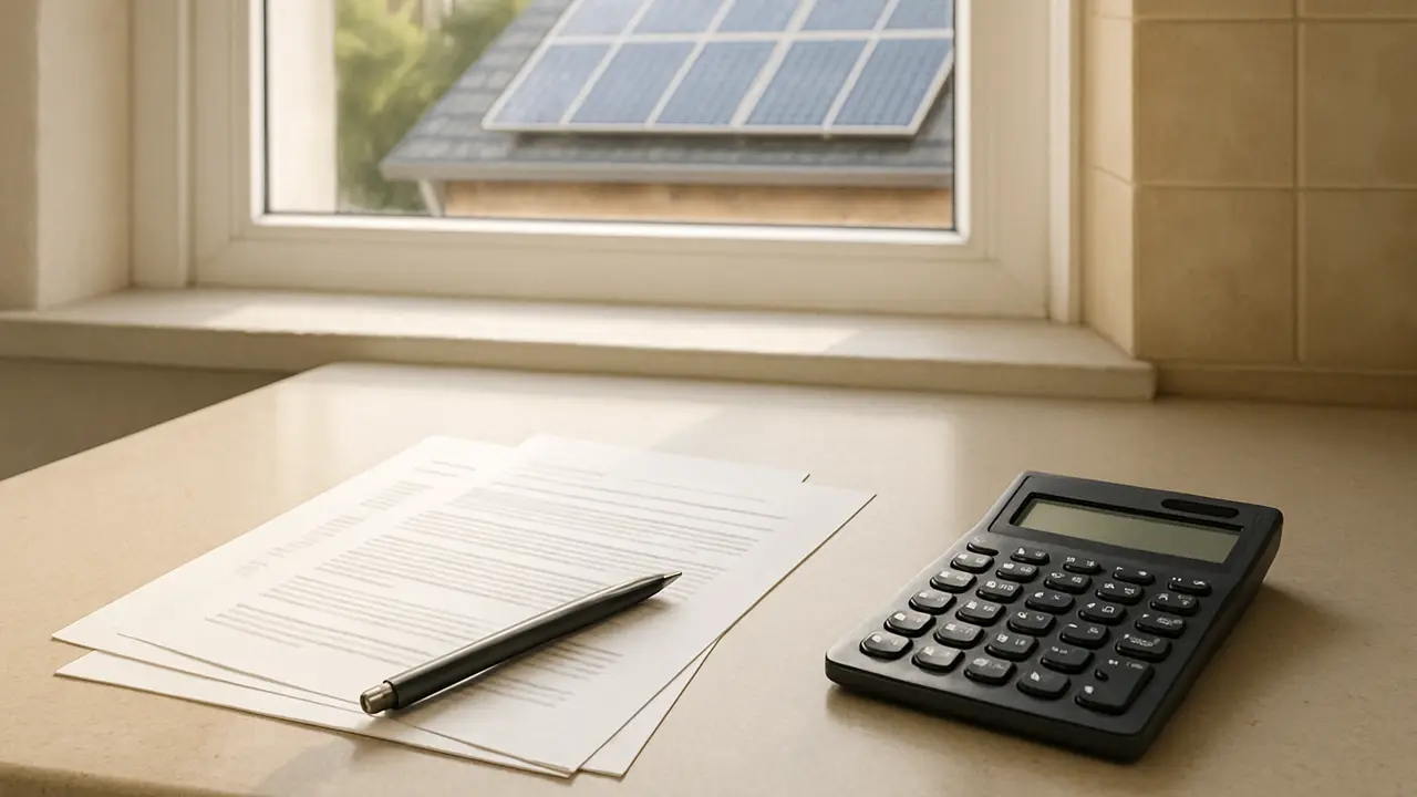 A loan agreement, a pen and a calculator on a kitchen counter with a sunny window and rooftop panels in the background