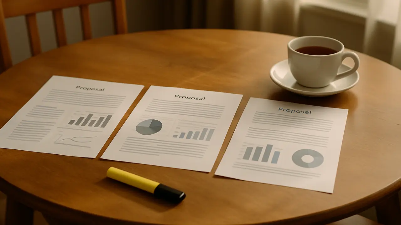 Three printed solar proposals laid side by side on a dining table with a highlighter and a cup of tea