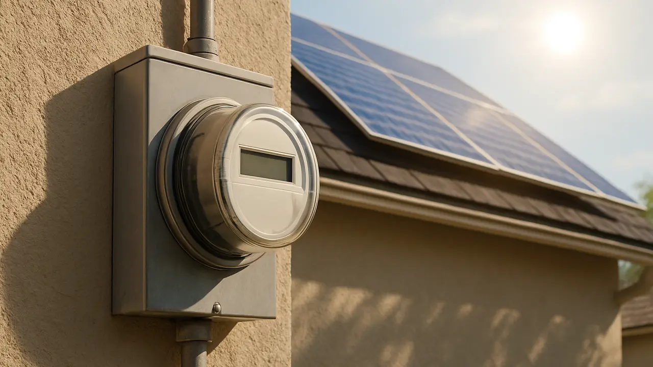 A modern electric meter on the side of a house with rooftop solar panels above it in afternoon sun