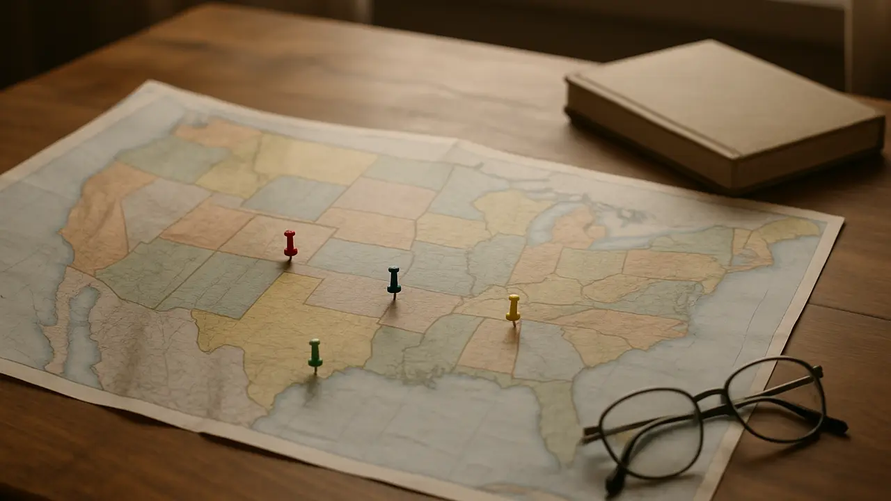 A paper map of the United States on a table with a few colored pins, a notebook and a pair of reading glasses