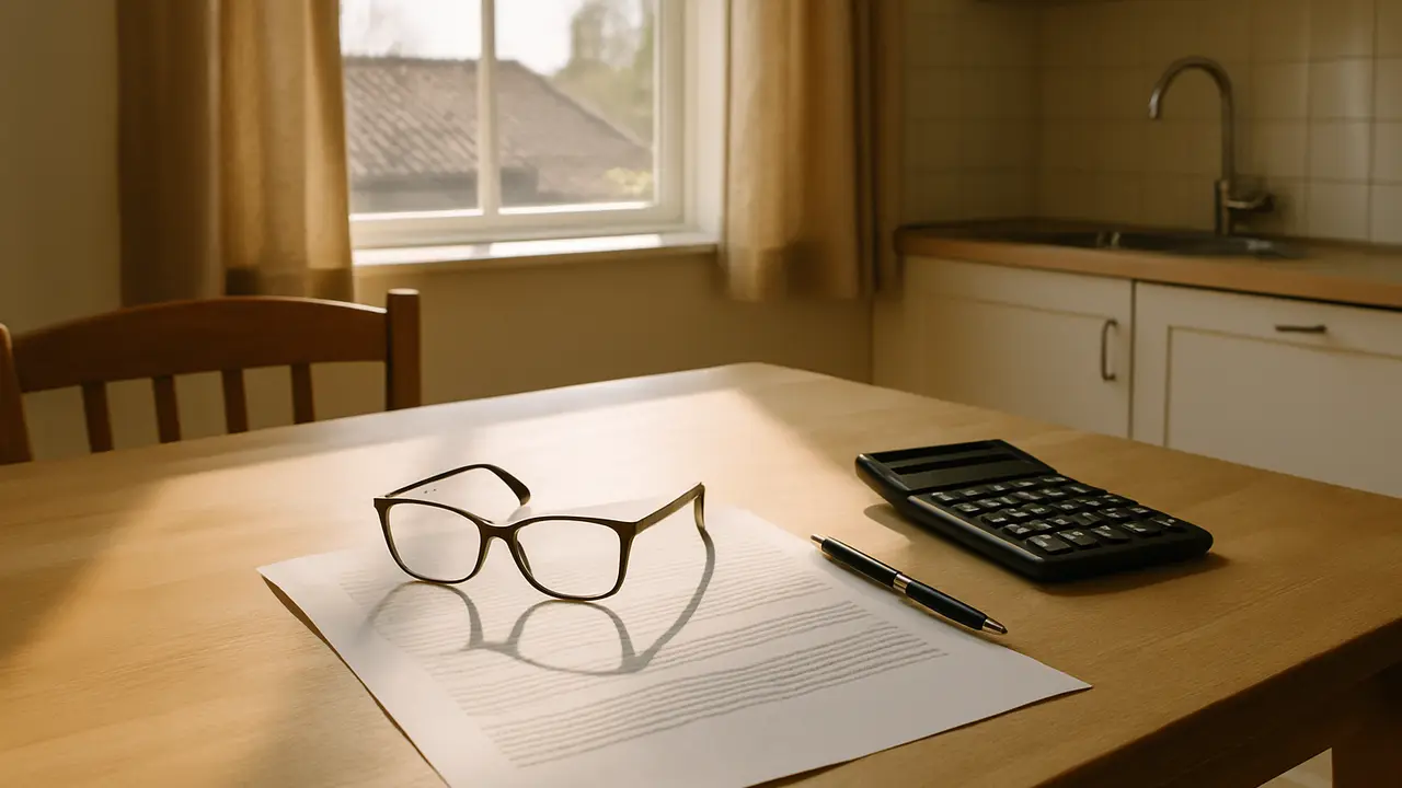 A homeowner at a kitchen table reading a printed solar contract with a pen and calculator beside it